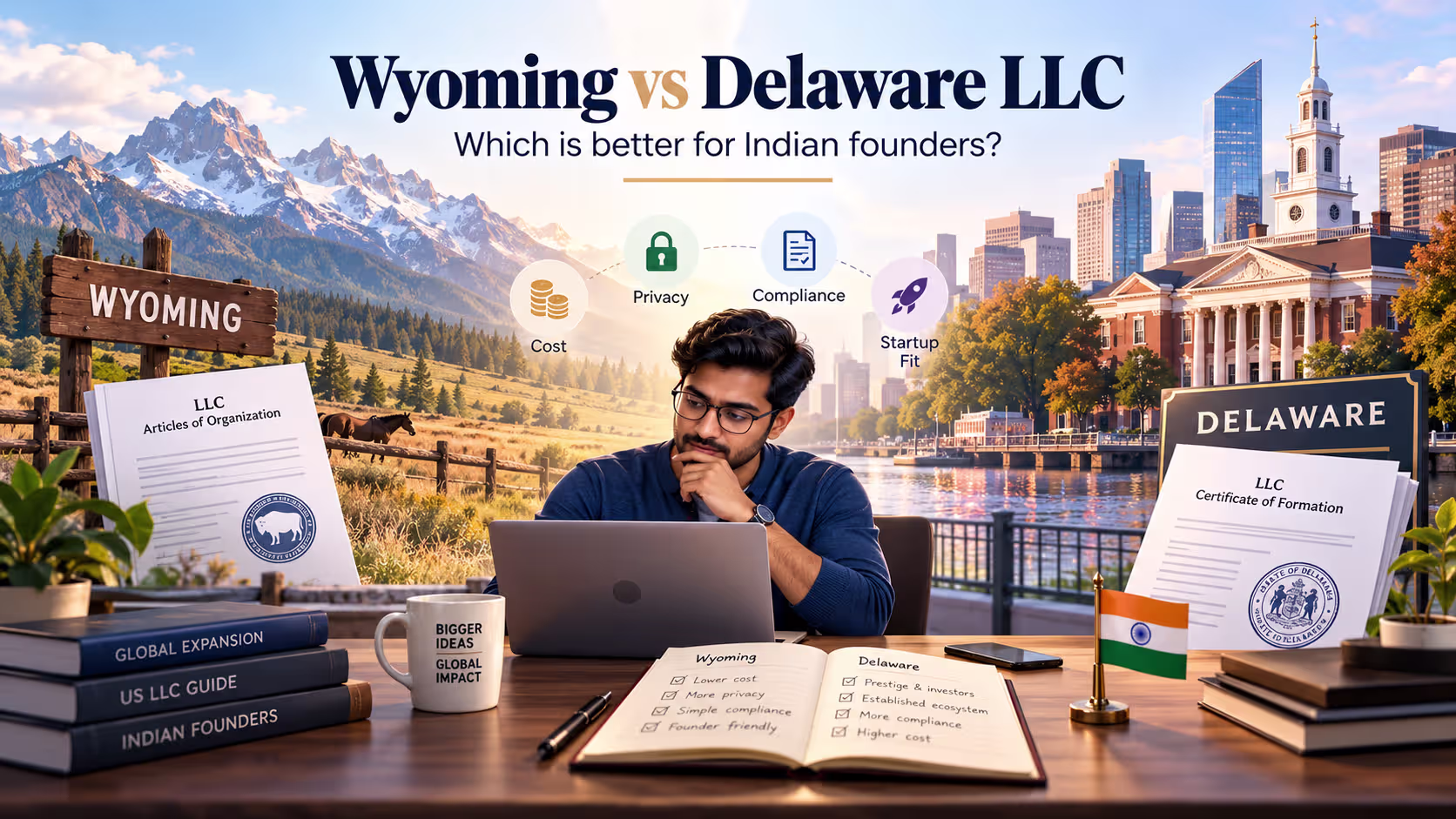 Wyoming vs Delaware LLC comparison for Indian founders, featuring an Indian entrepreneur between Wyoming’s mountain landscape and Delaware’s city skyline.